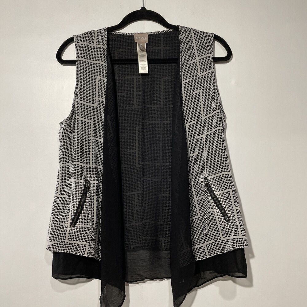 Chicos women's Size 0 Small Open Front Vest‎ Cardigan Black White Zip Detail
